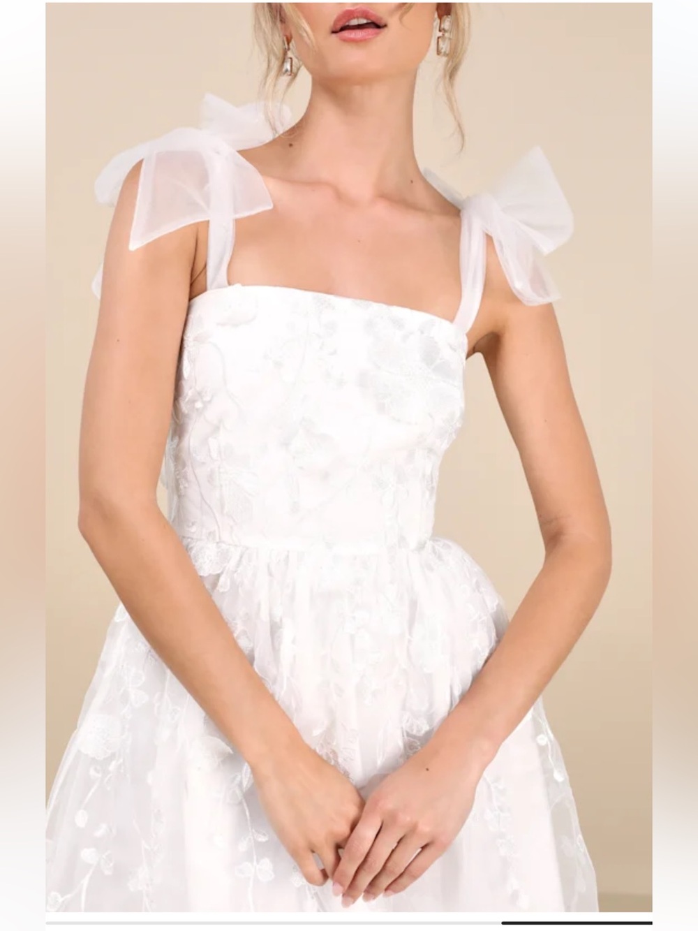 Lulus NWT classic romance white 3D floral appliqué tie strap mini dress feminine - Picture 4 of 15